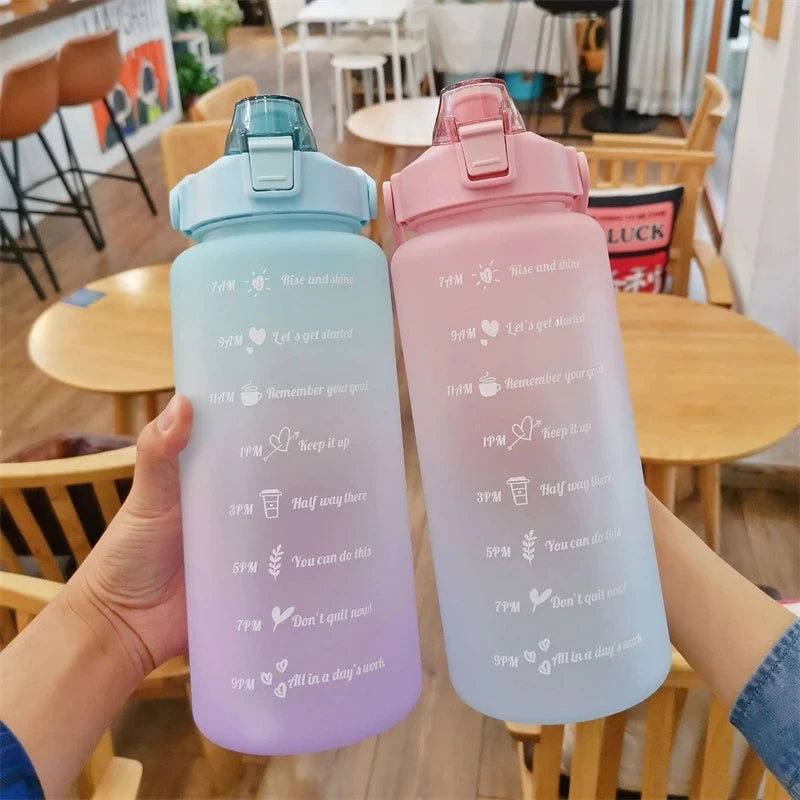 2L/750ML Outdoor Large Capacity Sport Water Bottle Creative Plastic Cup Bounce Cover Outdoor Leakproof Straw Cup Time Marker