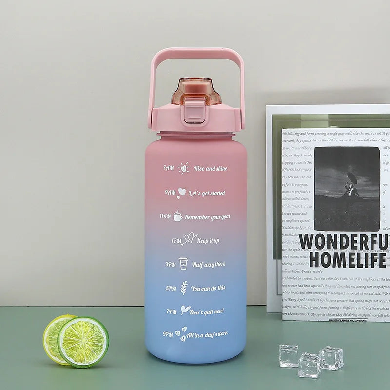 2L/750ML Outdoor Large Capacity Sport Water Bottle Creative Plastic Cup Bounce Cover Outdoor Leakproof Straw Cup Time Marker