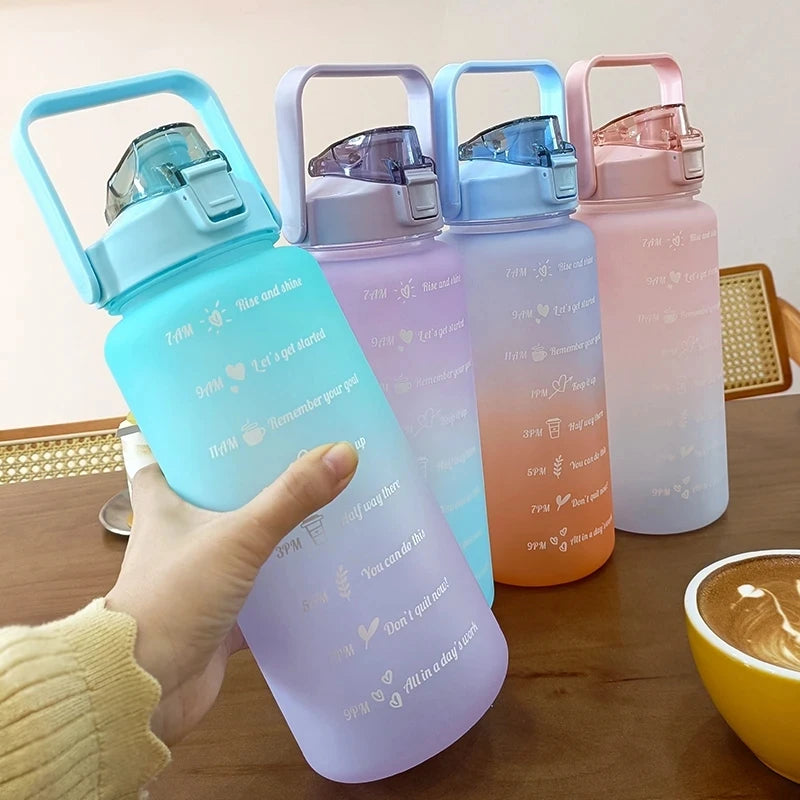 2L/750ML Outdoor Large Capacity Sport Water Bottle Creative Plastic Cup Bounce Cover Outdoor Leakproof Straw Cup Time Marker